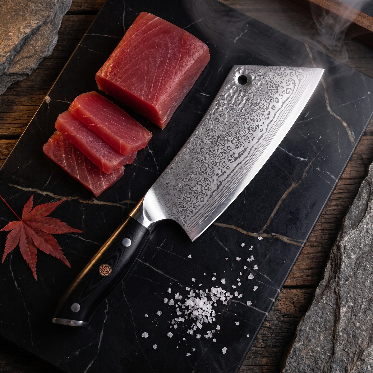 Hatori Kokuyō 黒曜 Series – Damascus Hybrid Cleaver 20 cm, on the board