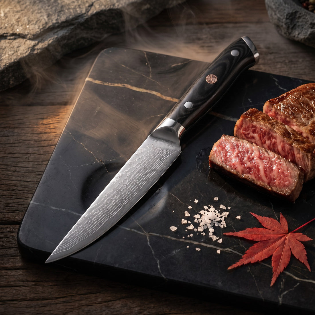 Hatori Kokuyō 黒曜 Series – Damascus Steak Knives, Set of 4, on the board
