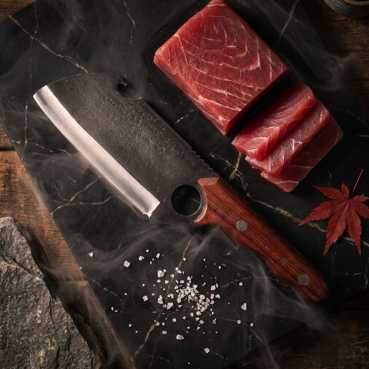 Hatori Kiba 牙 Series – Forged Wide Cleaver 17 cm, Red Sandalwood, on the board