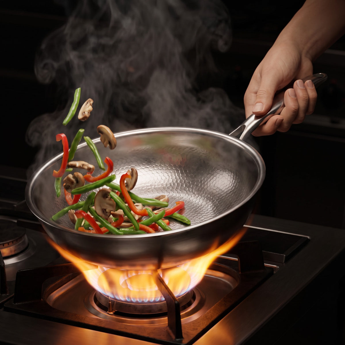 Hatori Kōmyō 光明 Series – Hammered Titanium Wok, in use on the stove