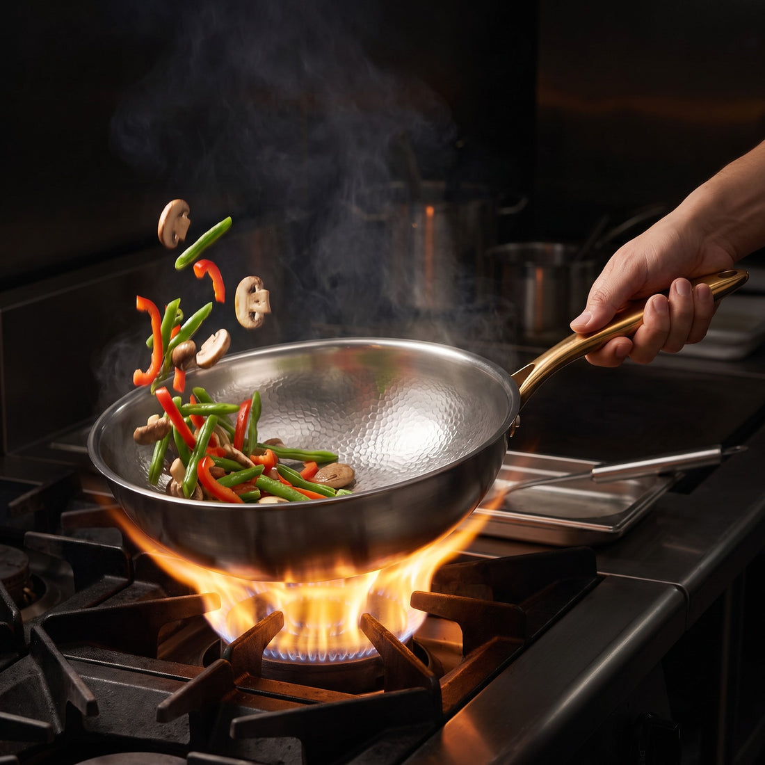 Hatori Kōmyō 光明 Kin 金 Edition – Hammered Titanium Wok, in use on the stove