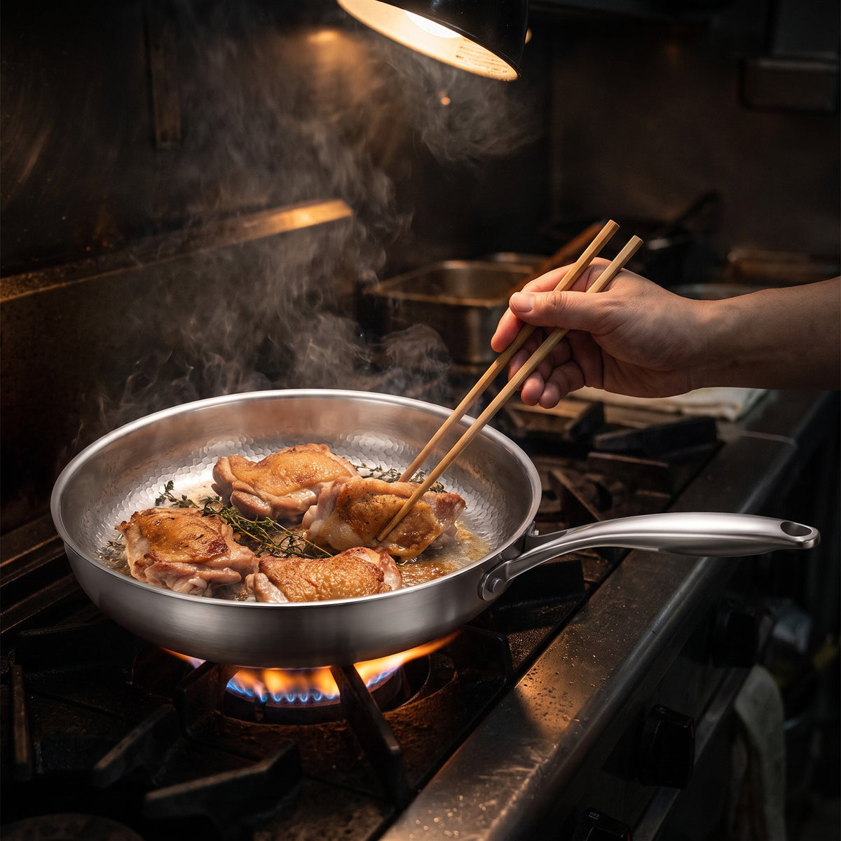 Hatori Kōmyō 光明 Series – Hammered High-Wall Titanium Pan, in use on the stove