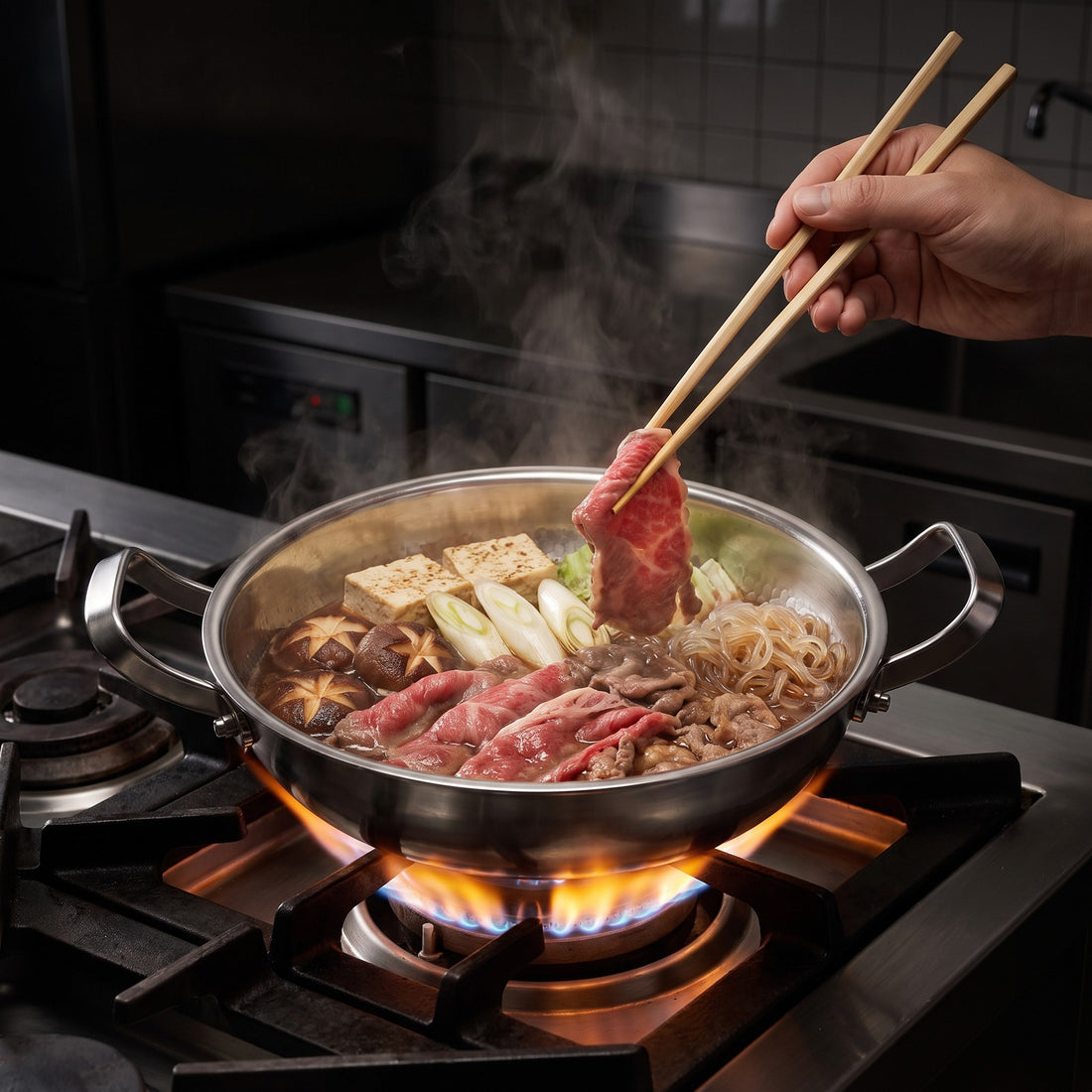Hatori Kōmyō 光明 Series – Hammered Titanium Pan with Two Handles, in use on the stove