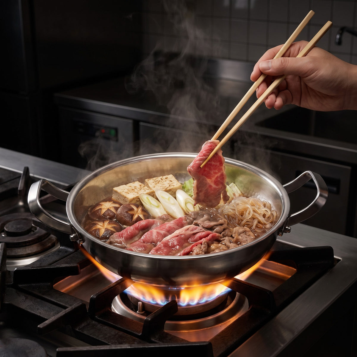 Hatori Kōmyō 光明 Series – Hammered Titanium Pan with Two Handles, in use on the stove