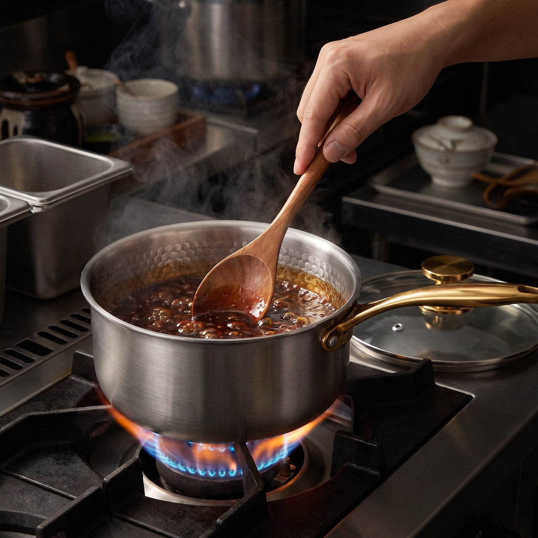 Hatori Kōmyō 光明 Kin 金 Edition – Titanium Saucepan with Lid, in use on the stove