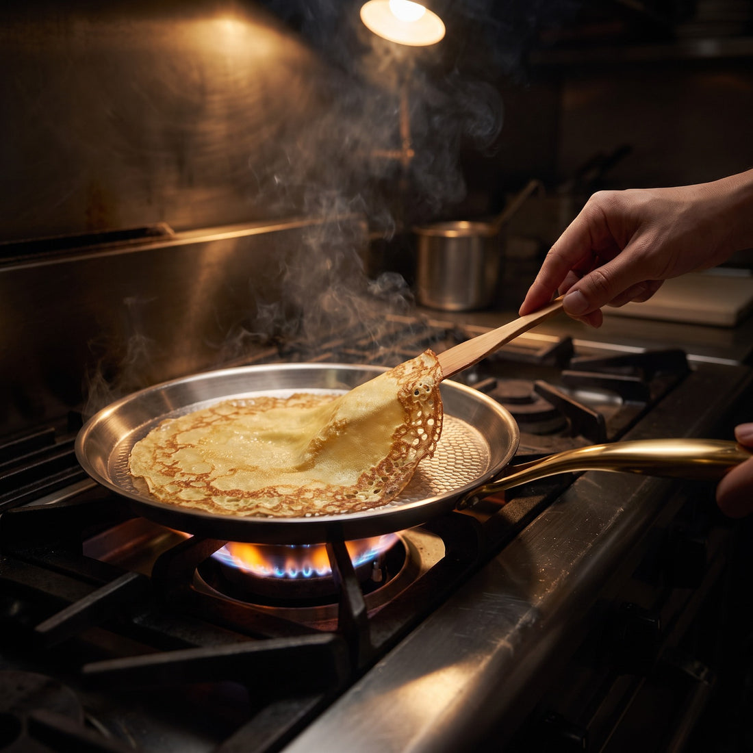 Hatori Kōmyō 光明 Kin 金 Edition – Hammered Titanium Crêpe Pan, in use on the stove