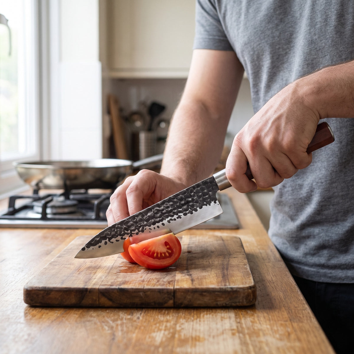 Hatori Tsuchime 槌目 Series – Hammered Chef's Knife 18.5 cm, in a home kitchen