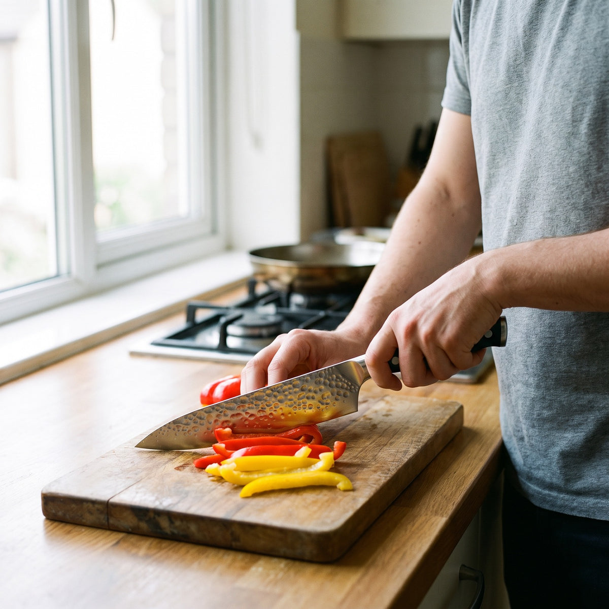 Hatori Yoru 夜 Series – Hammered Chef's Knife 20 cm, in a home kitchen