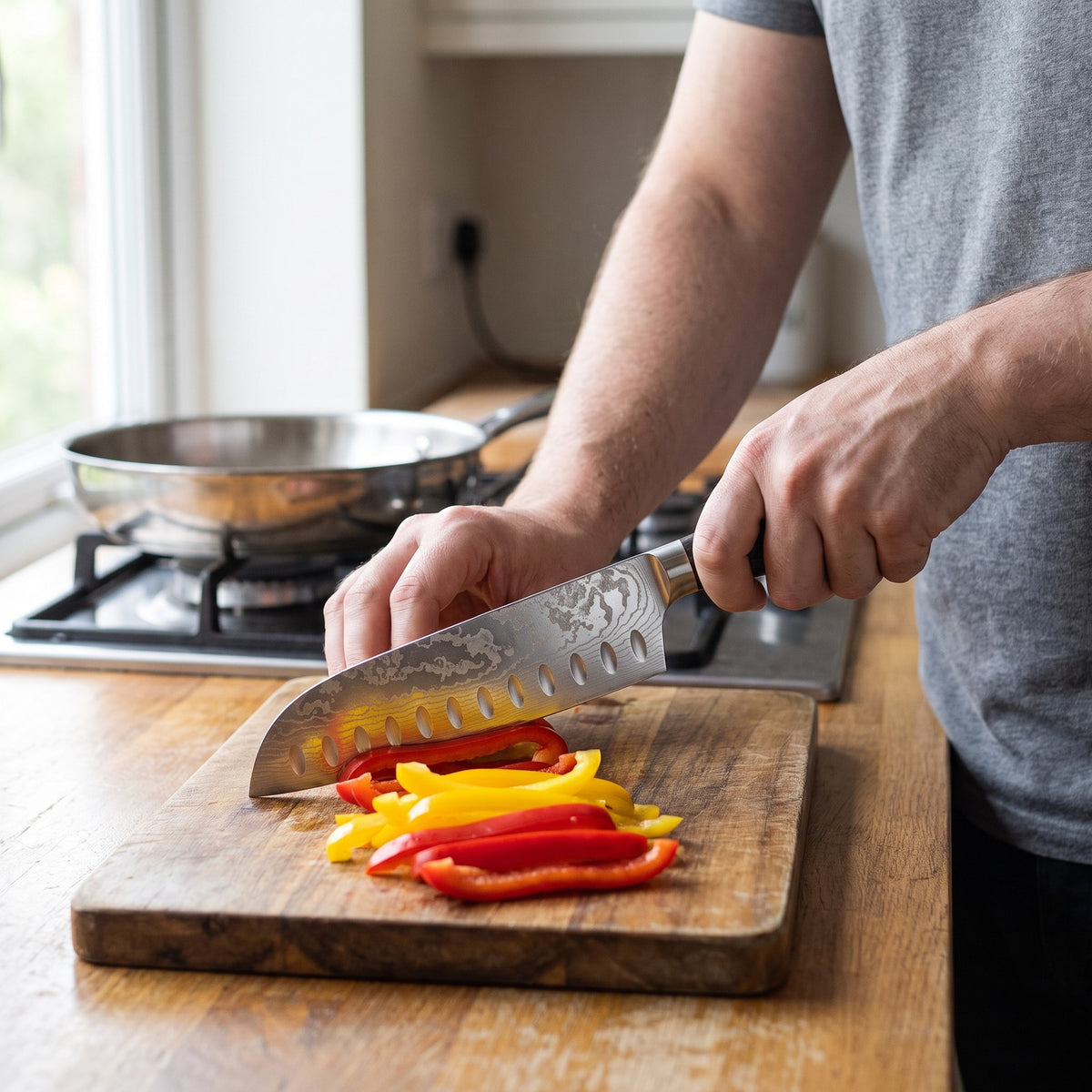 Hatori Mori 森 Series – Santoku 18 cm, Hollow Edge, in a home kitchen
