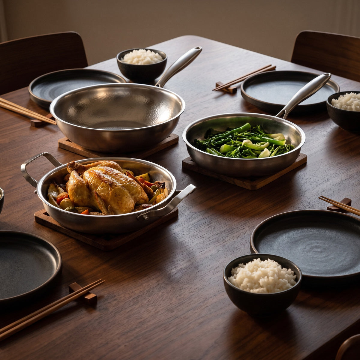 Hatori Kōmyō 光明 Series – Family Set, 4 Pans and Utensils, at the table