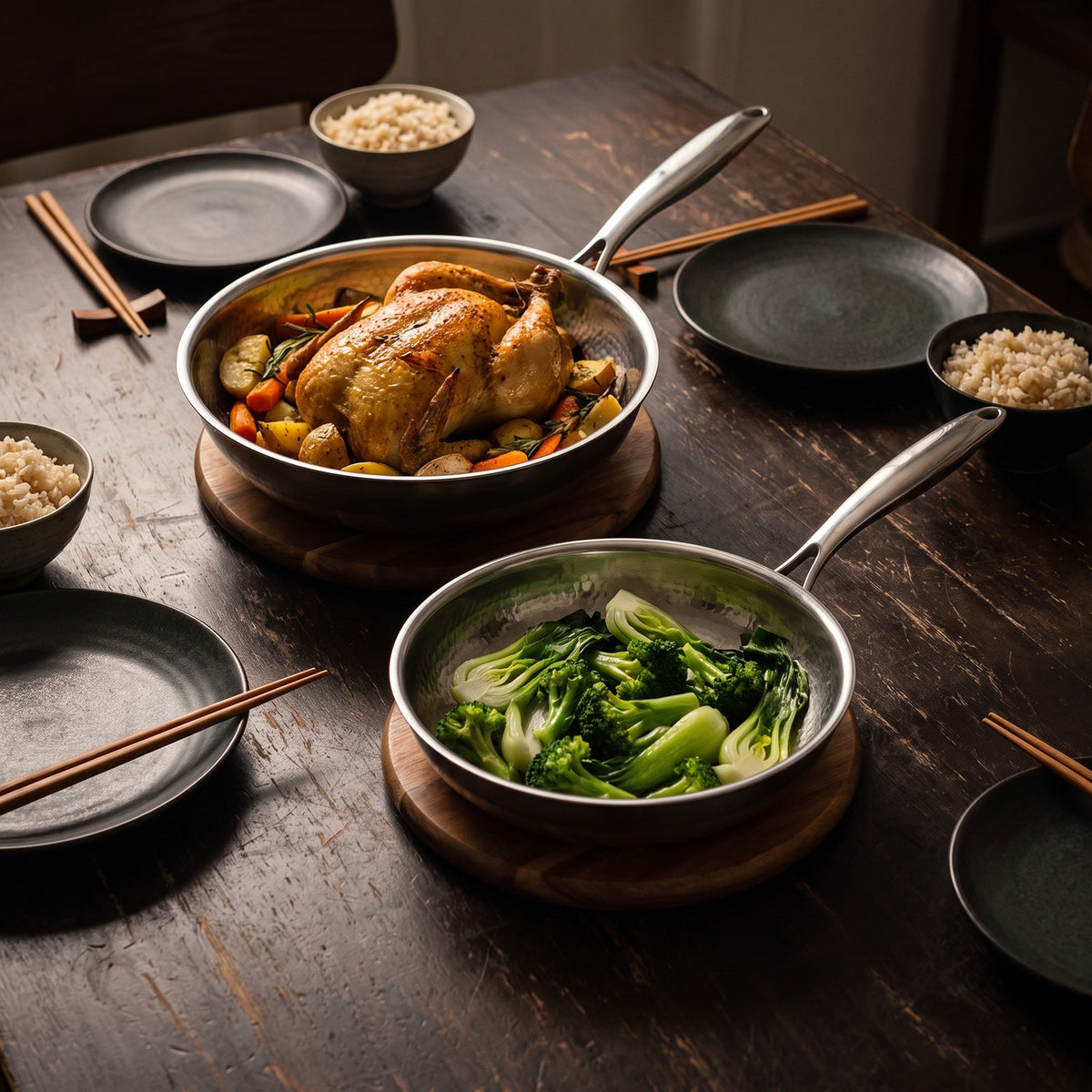 Hatori Kōmyō 光明 Series – Stir-Fry Set, 3 Pans with Lid, at the table