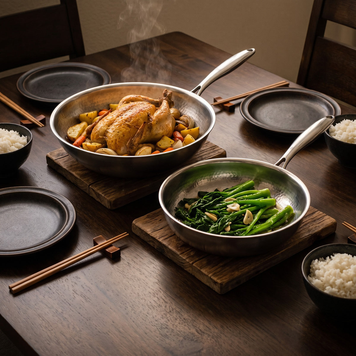 Hatori Kōmyō 光明 Series – Essentials Kitchen Set, 4 Pieces with 2 Lids, at the table
