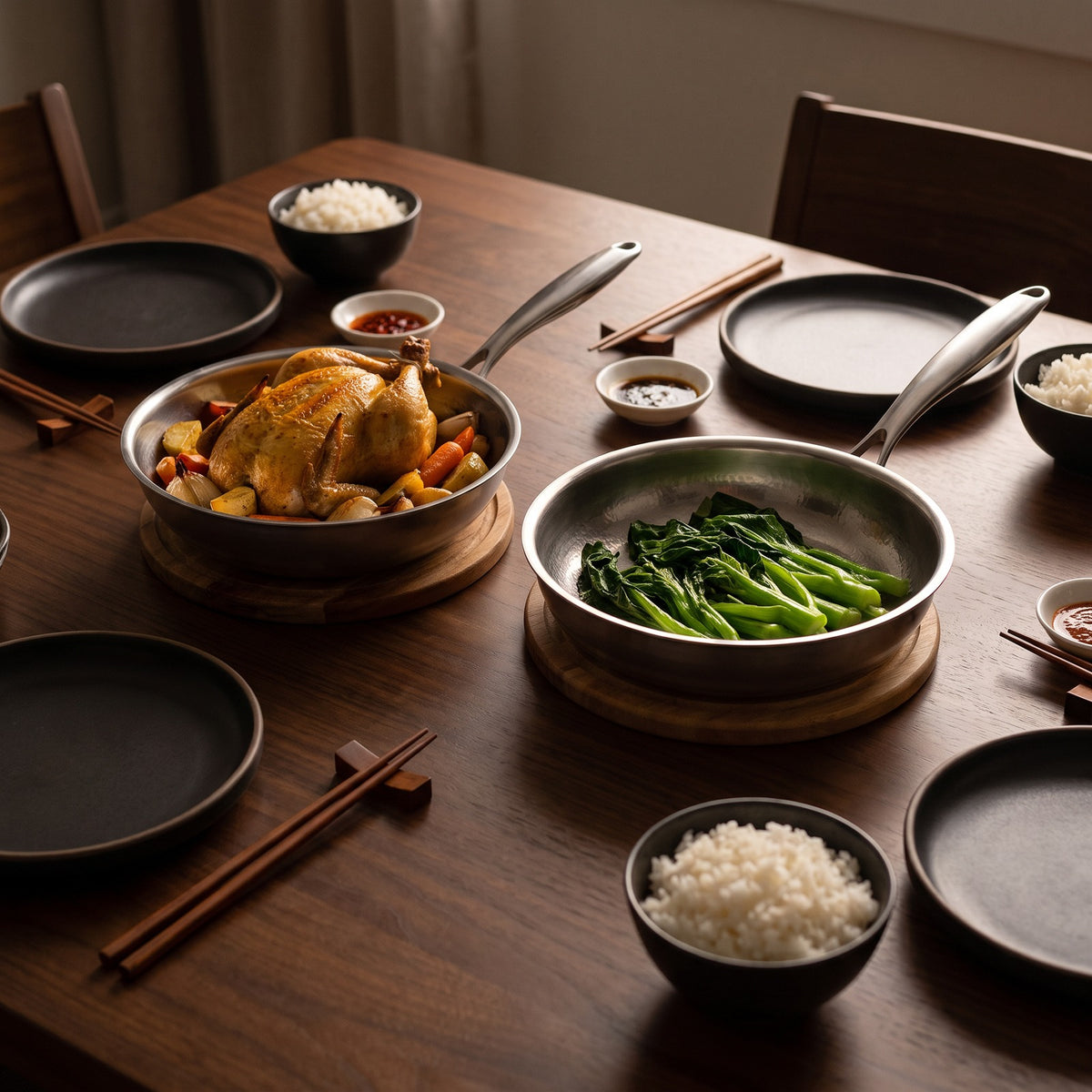 Hatori Kōmyō 光明 Series – Wok and Fry Pan Set with Utensils, at the table