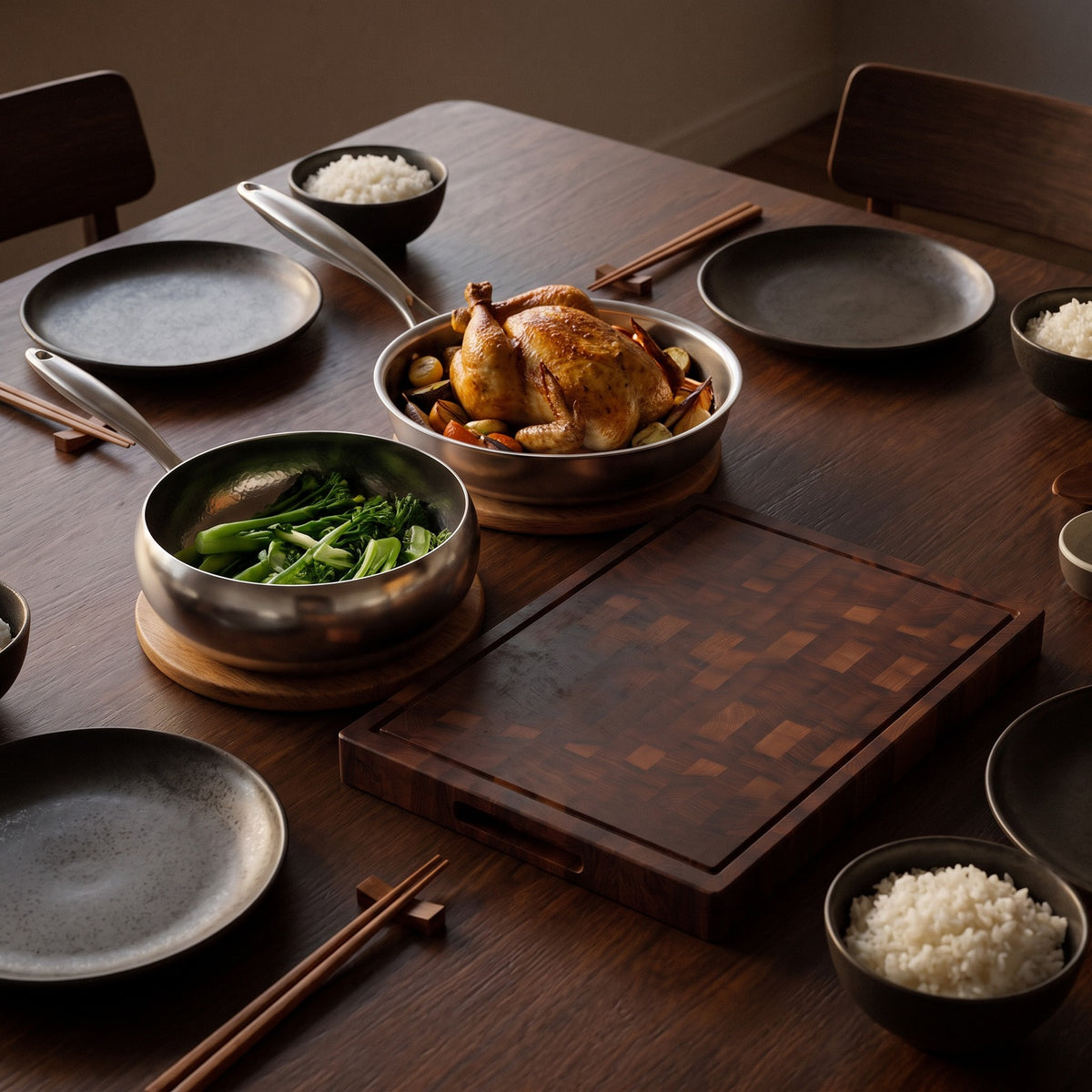 Hatori Kōmyō 光明 Series – Pan and Sauté Set with Walnut Board and Utensils, at the table