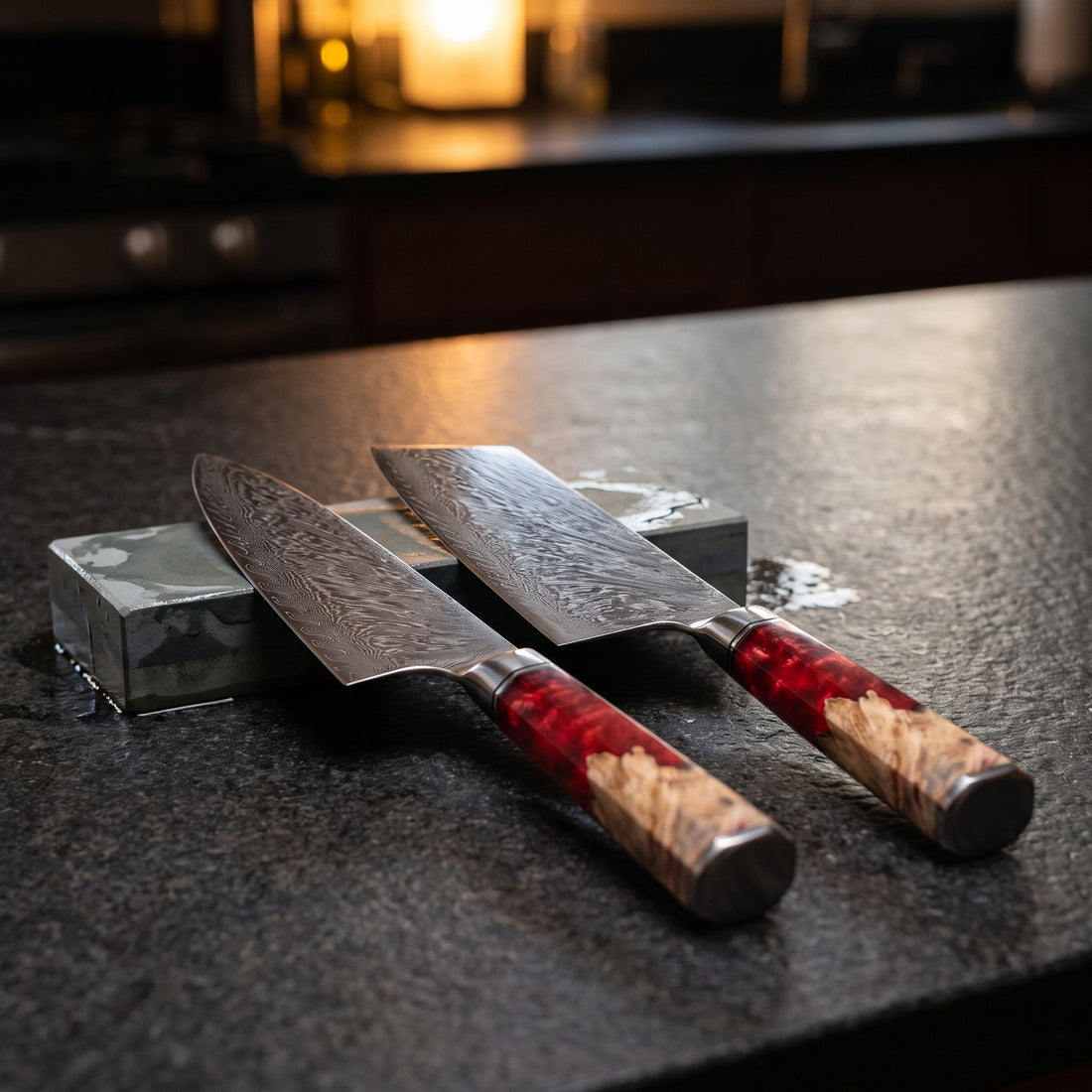 Hatori Kurenai 紅 Series – Damascus 2 Piece Set, on the counter