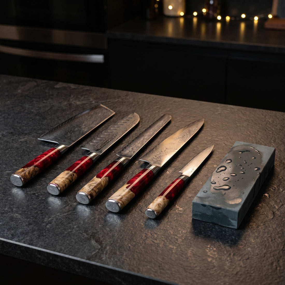 Hatori Kurenai 紅 Series – Damascus 5 Piece Set, on the counter