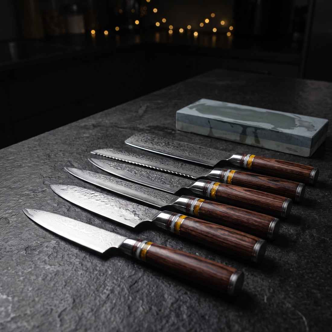 Hatori Takumi 匠 Series – Damascus 7 Piece Master Set, on the counter