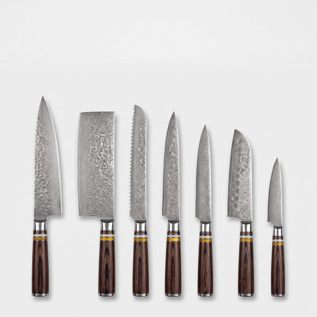 Hatori Takumi 匠 Series – Damascus 7 Piece Master Set, on light grey