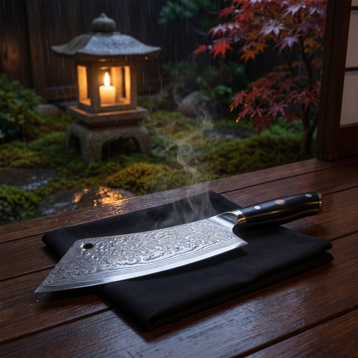 Hatori Kokuyō 黒曜 Series – Damascus Hybrid Cleaver 20 cm, in the garden