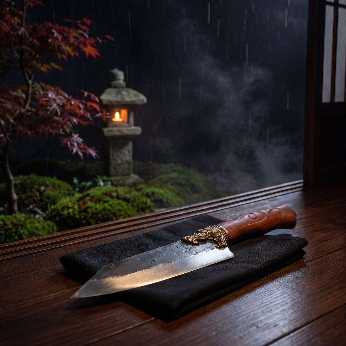 Hatori Ryūjin 龍神 Series – Dragon Santoku 18 cm, in the garden