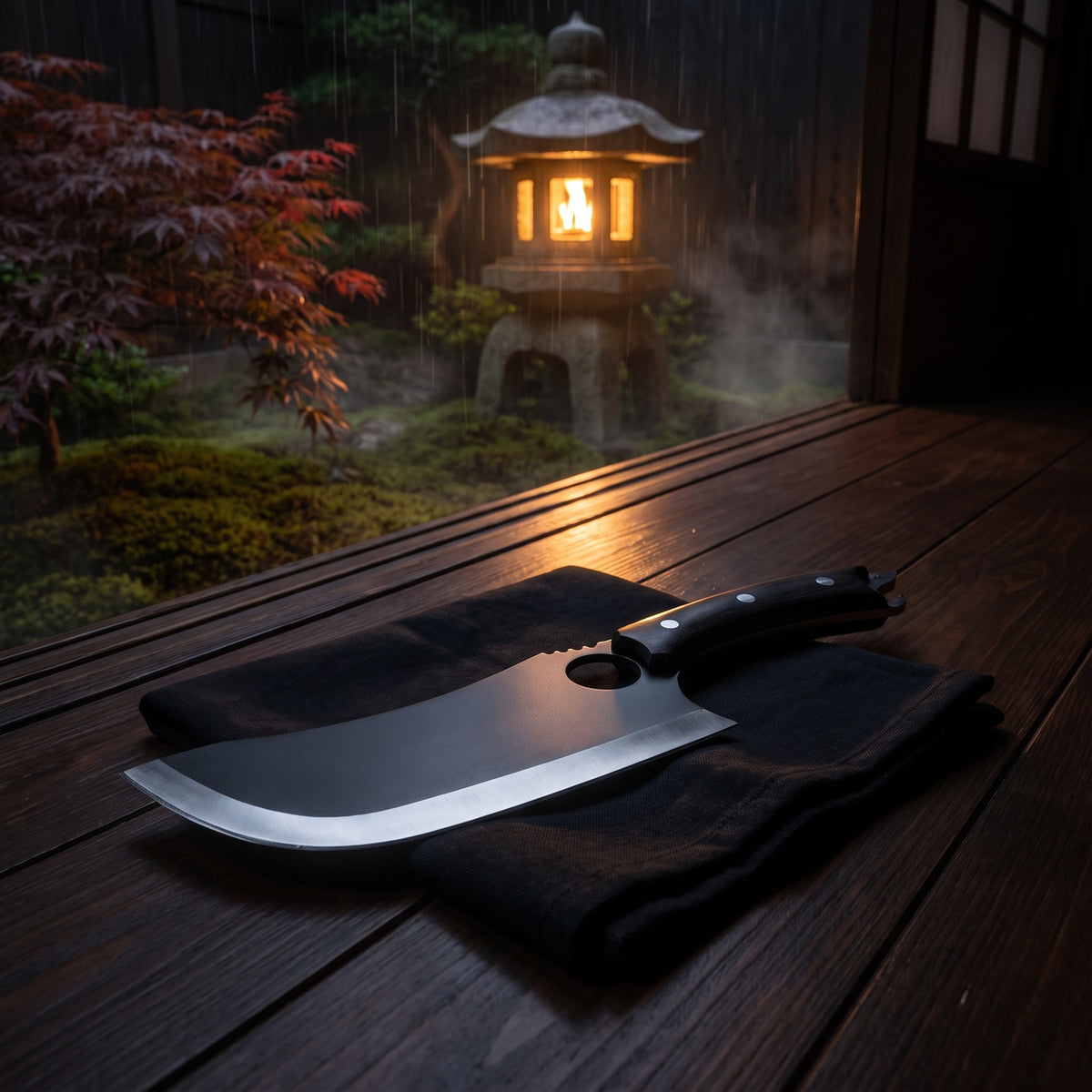 Hatori Kiba 牙 Series – Black Forged Ring Knife 16 cm, in the garden