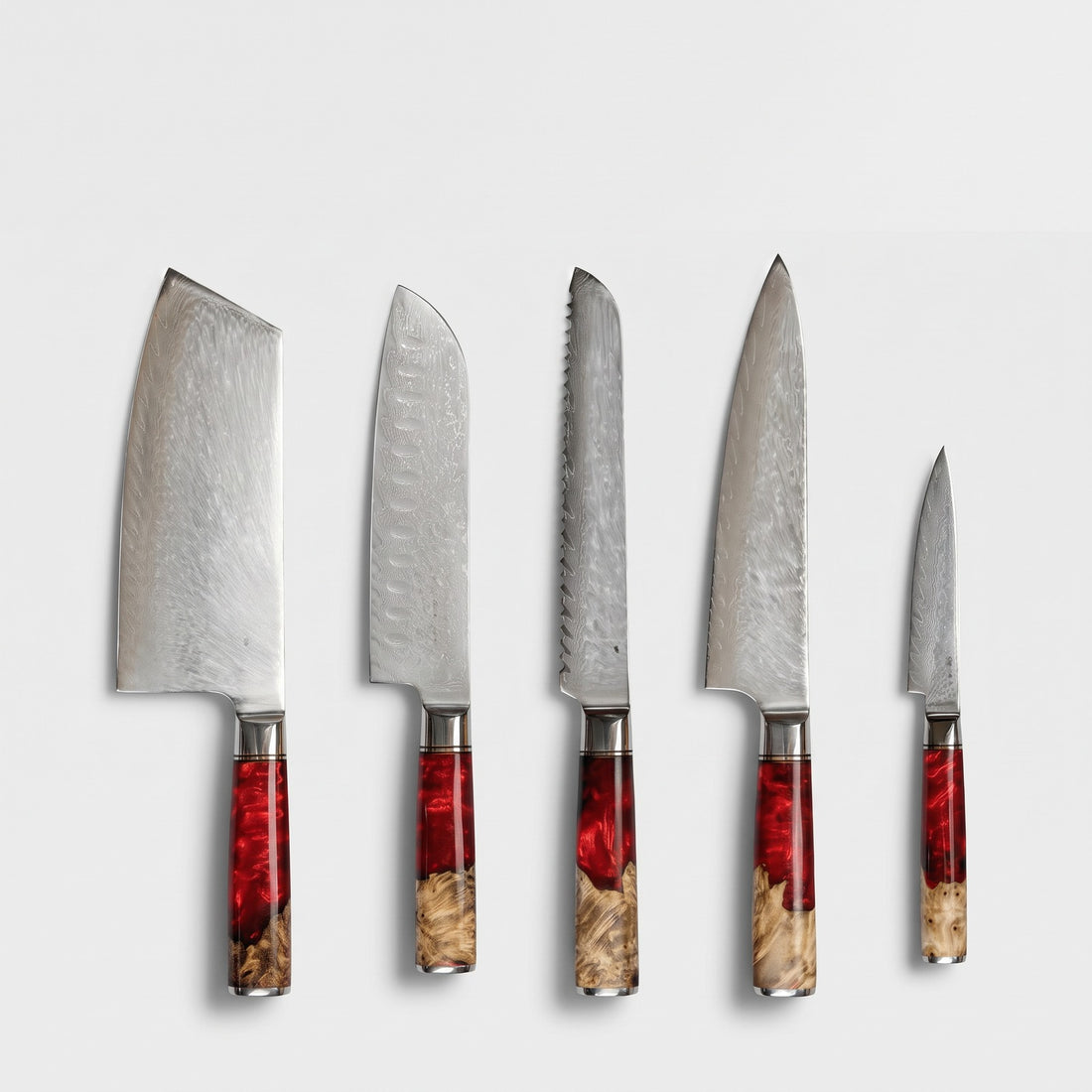 Hatori Kurenai 紅 Series – Damascus 5 Piece Set, on light grey