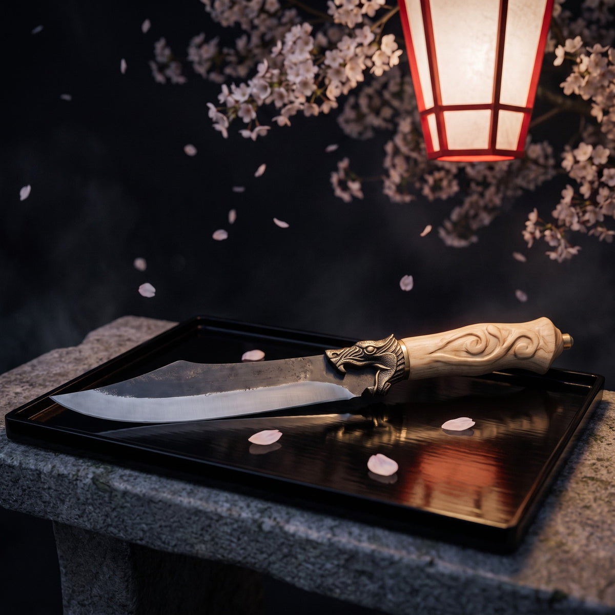 Hatori Kaji 鍛冶 Series – Forged Utility Knife 15 cm, Sculpted Handle, under the cherry tree