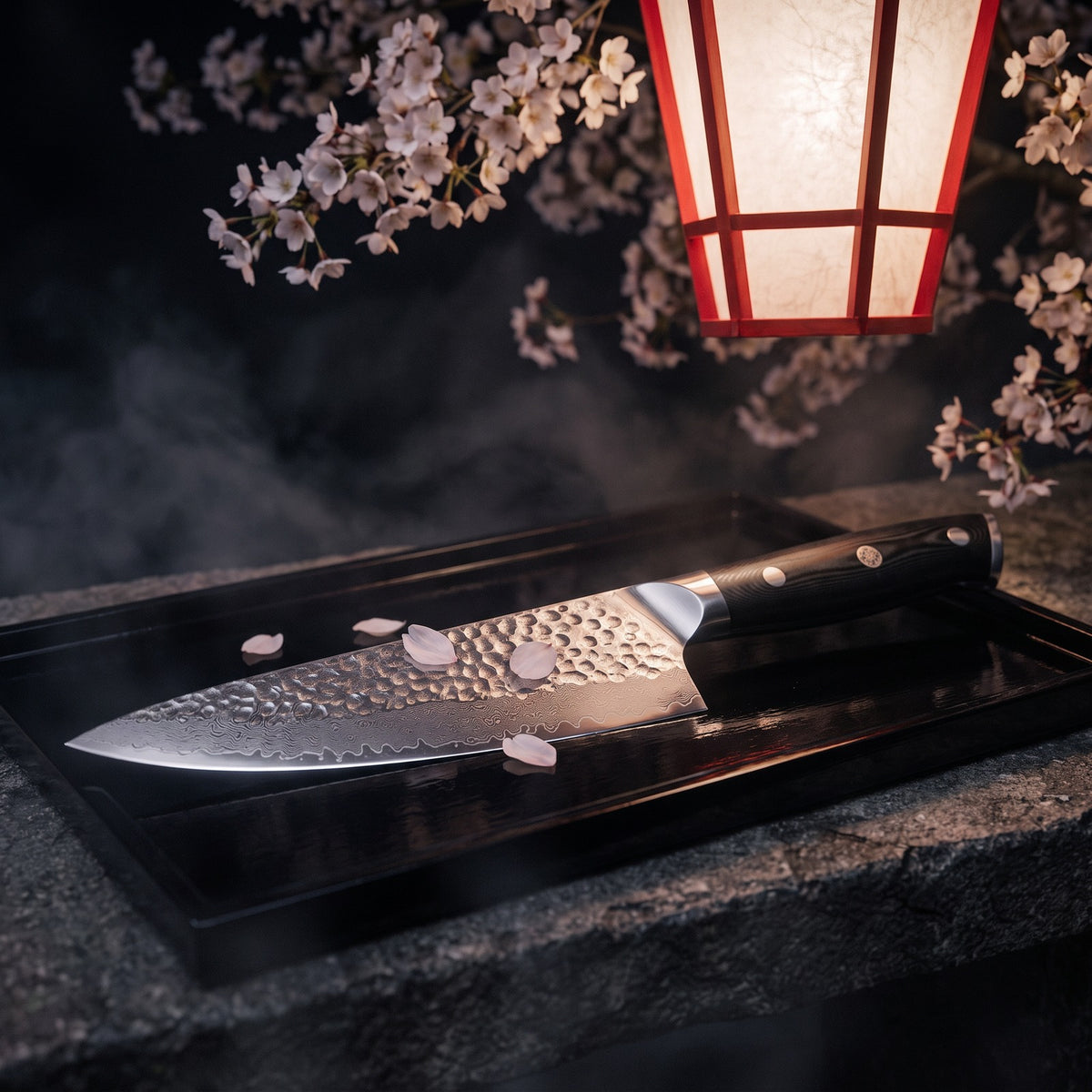 Hatori Kokuyō 黒曜 Series – Damascus Chef's Knife 20 cm, under the cherry tree