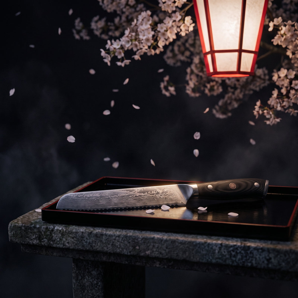 Hatori Kokuyō 黒曜 Series – Damascus Bread Knife 19.5 cm, under the cherry tree