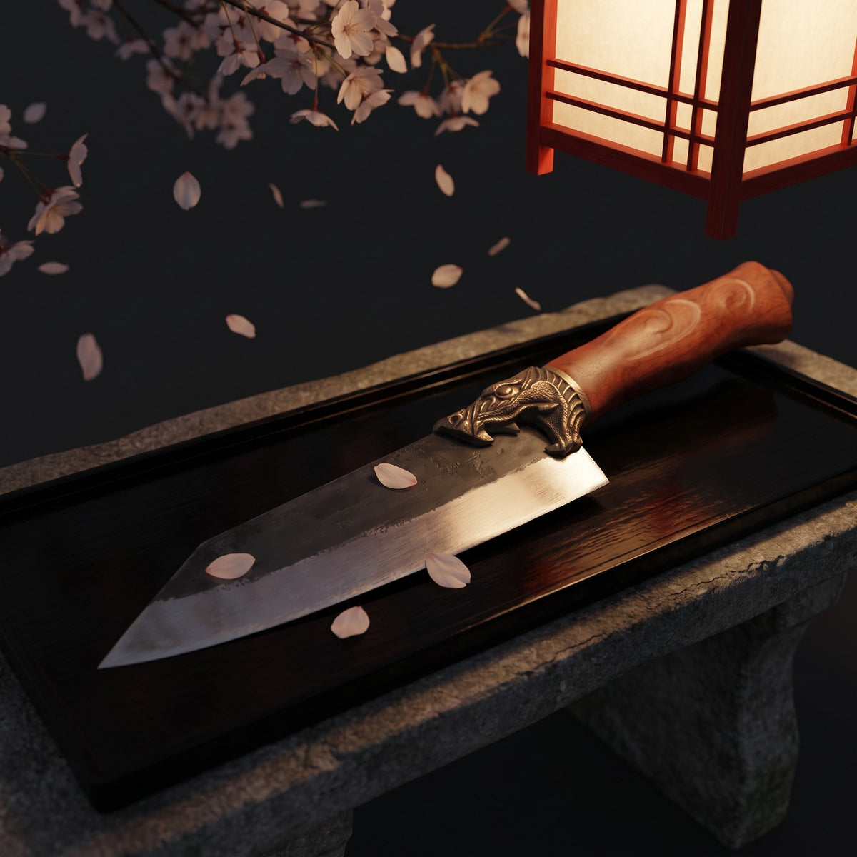Hatori Ryūjin 龍神 Series – Dragon Santoku 18 cm, under the cherry tree