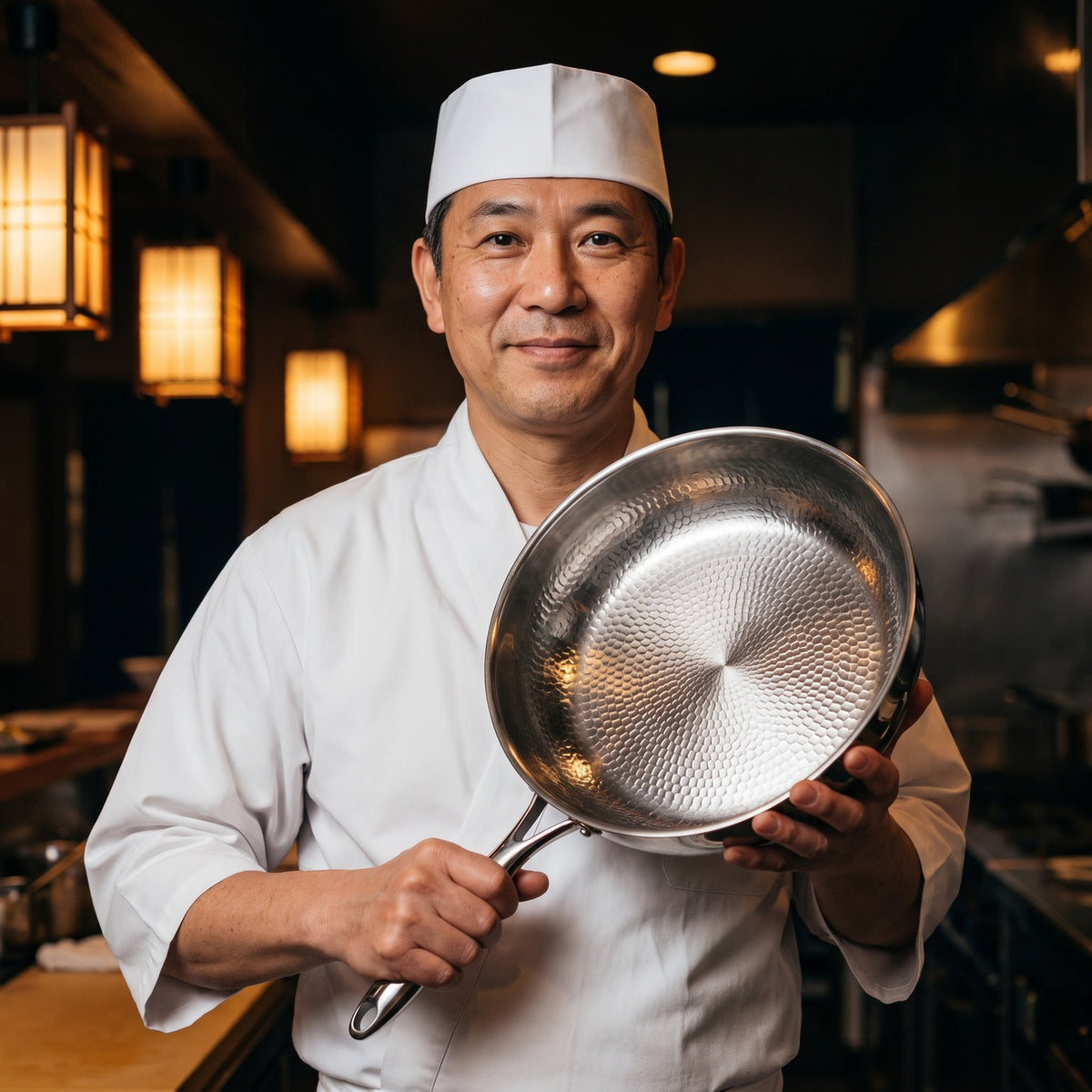 Hatori Kōmyō 光明 Series – Hammered Titanium Sauté Pan, held by a chef