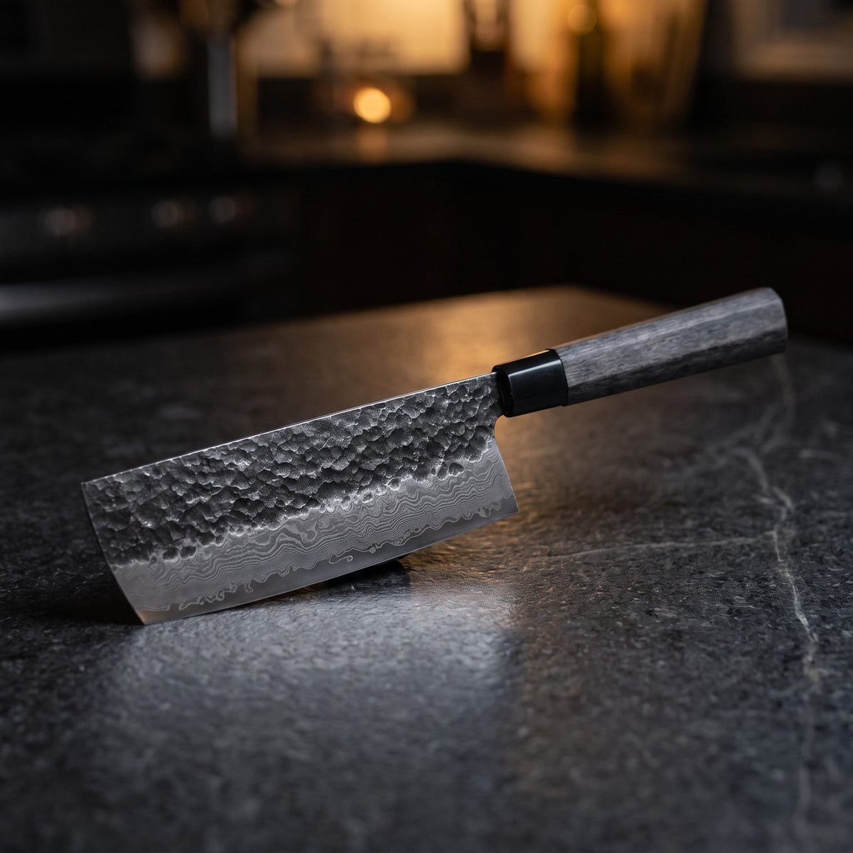 Hatori Tsuchime 槌目 Series – Hammered Vegetable Knife 18 cm, on the counter