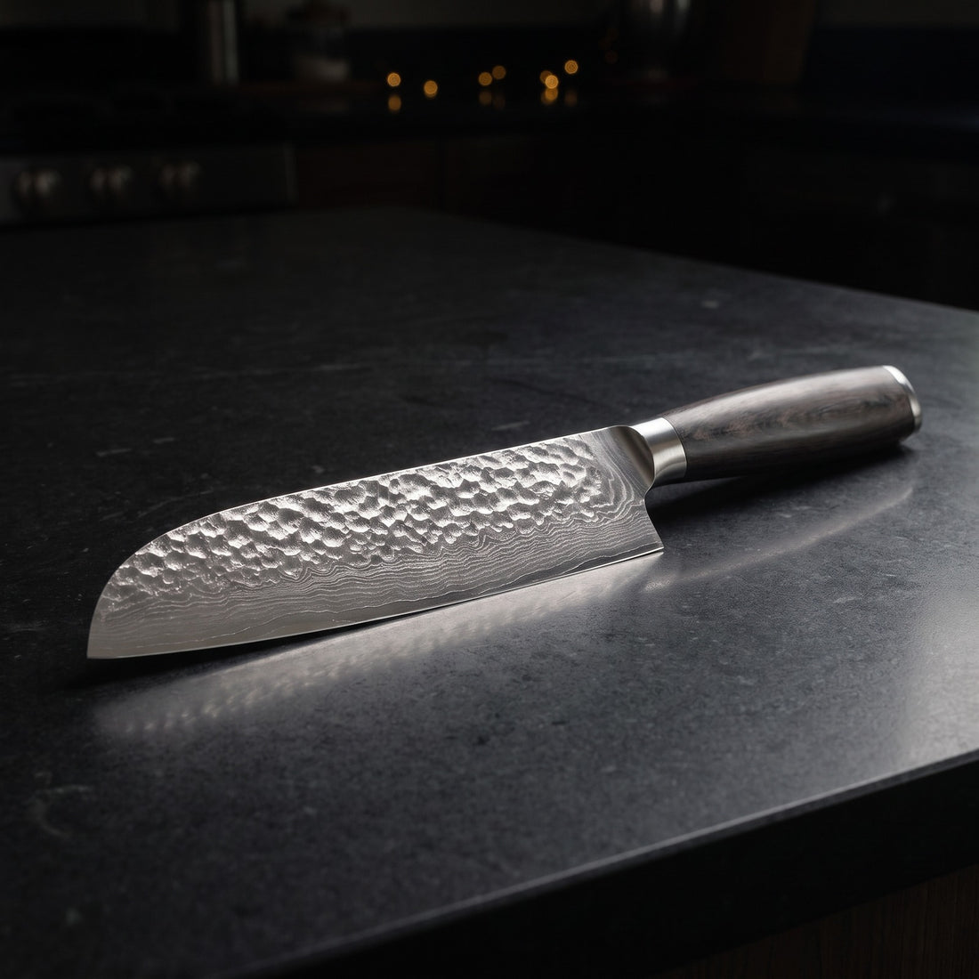 Hatori Mori 森 Series – Hammered Santoku 18 cm, on the counter