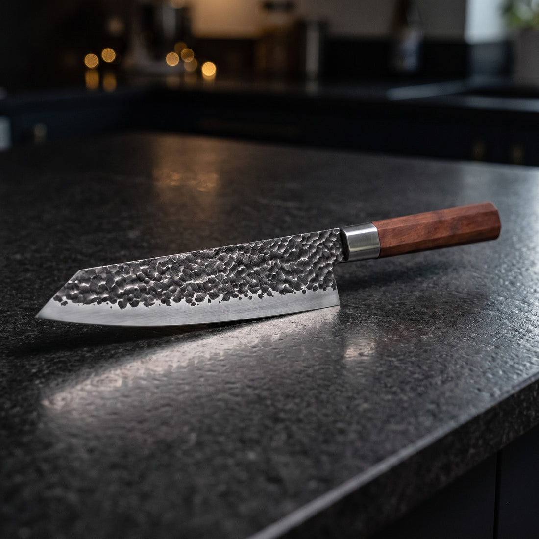 Hatori Tsuchime 槌目 Series – Hammered Kiritsuke 34.5 cm, on the counter