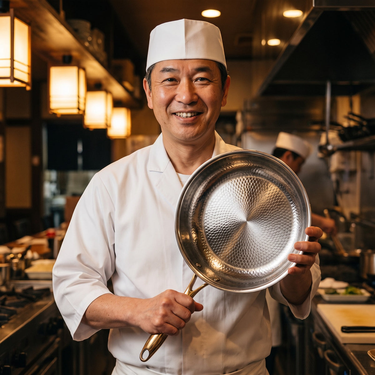 Hatori Kōmyō 光明 Kin 金 Edition – Hammered Titanium Pan, held by a chef