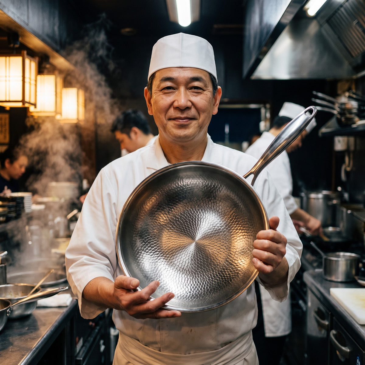 Hatori Kōmyō 光明 Series – Hammered Titanium Wok, held by a chef