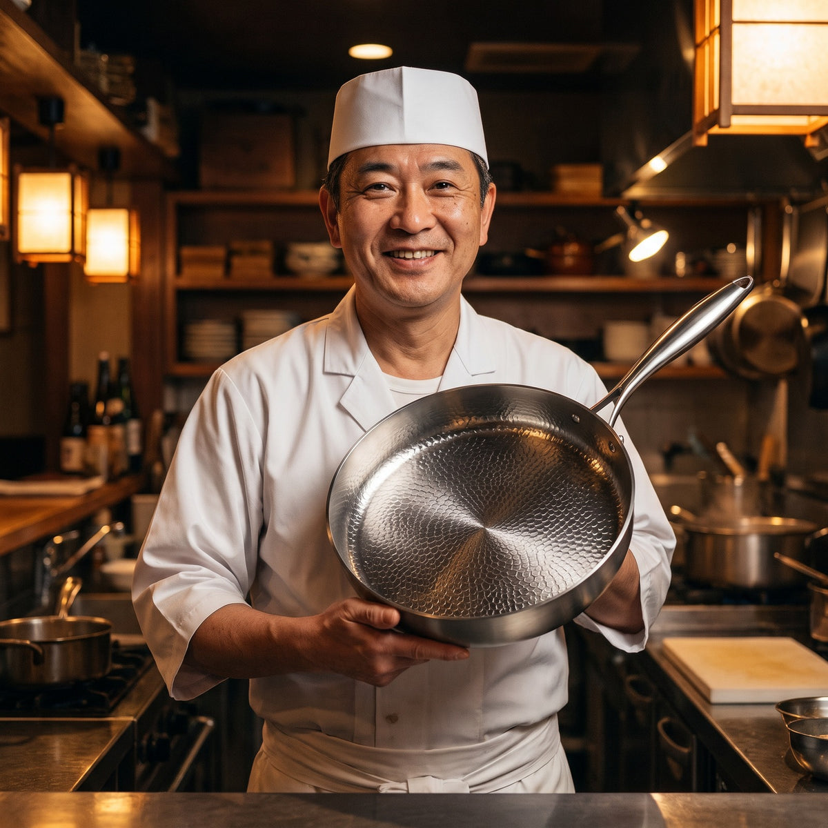 Hatori Kōmyō 光明 Series – Hammered High-Wall Titanium Pan, held by a chef