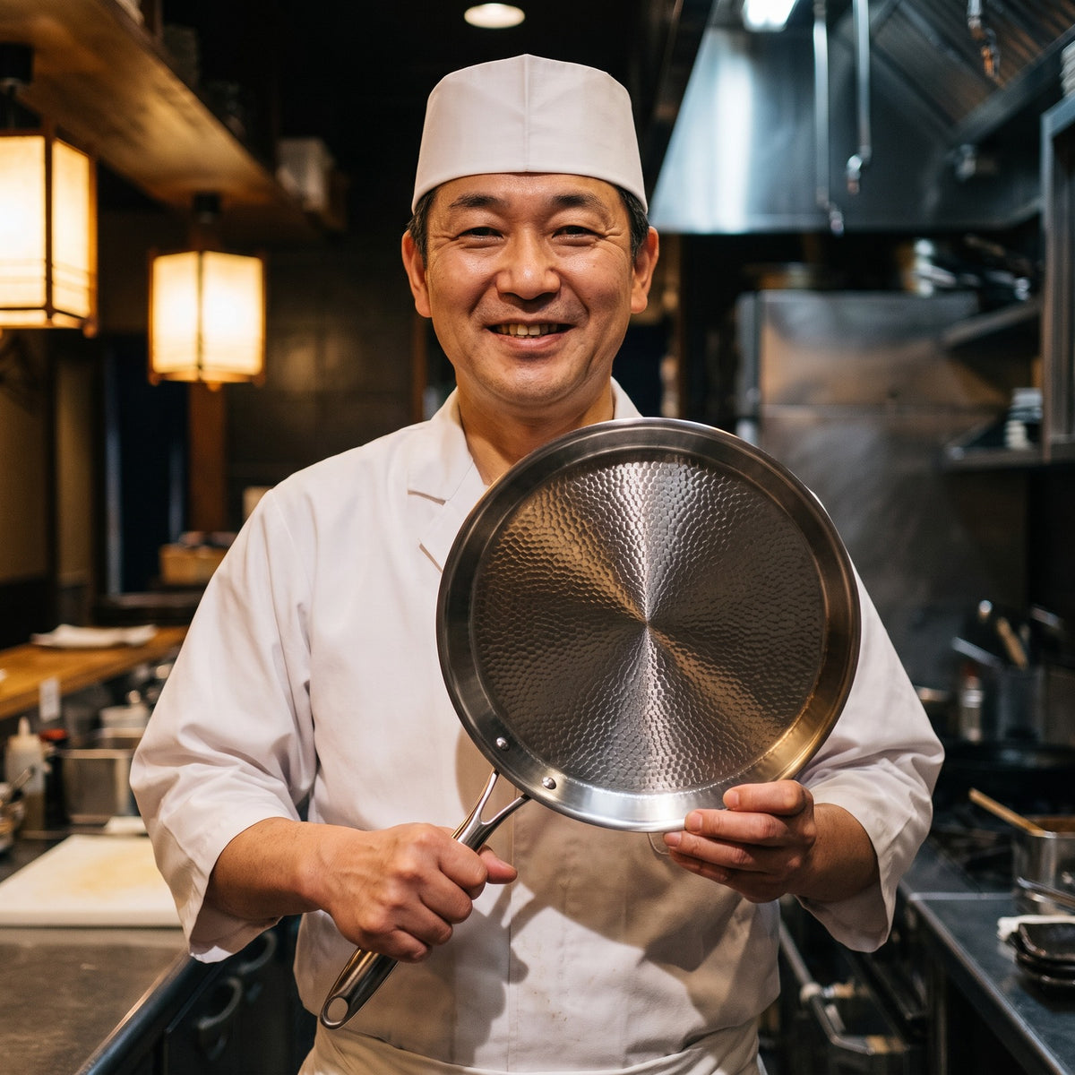 Hatori Kōmyō 光明 Series – Hammered Titanium Crêpe Pan, held by a chef