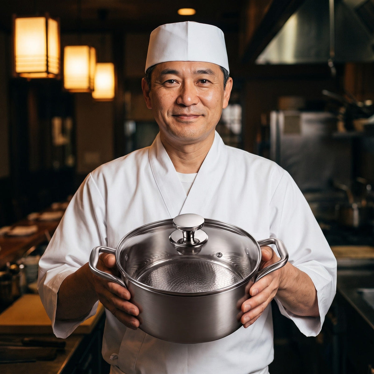 Hatori Kōmyō 光明 Series – Titanium Cooking Pot with Lid, held by a chef