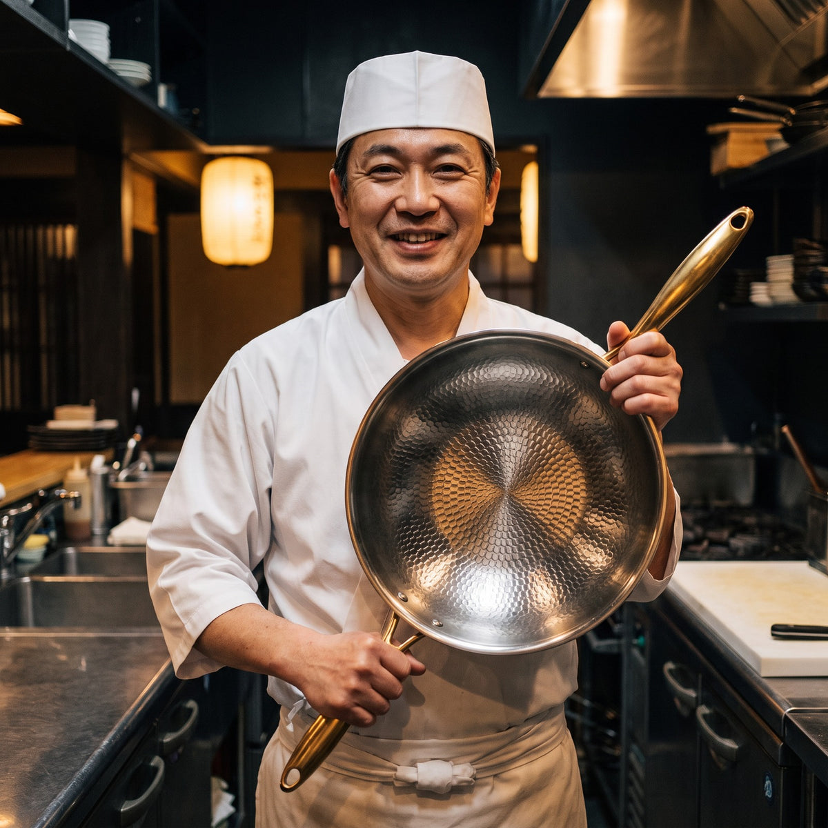 Hatori Kōmyō 光明 Kin 金 Edition – Hammered Titanium Wok, held by a chef