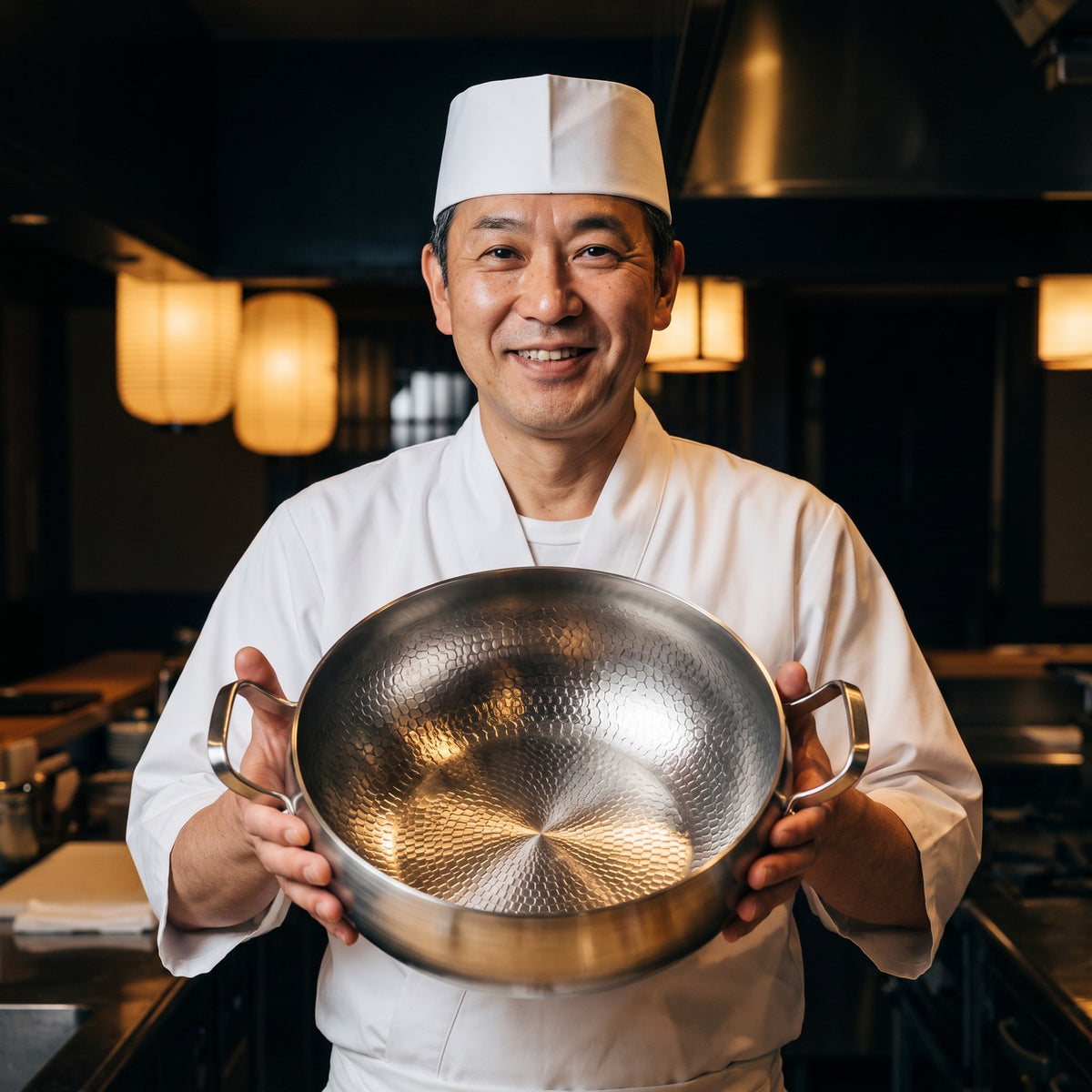 Hatori Kōmyō 光明 Series – Hammered Deep Titanium Pot, held by a chef