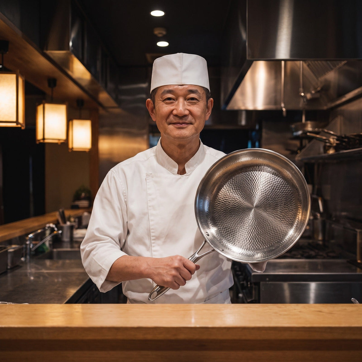 Hatori Kōmyō 光明 Series – Hammered Titanium Pan, held by a chef