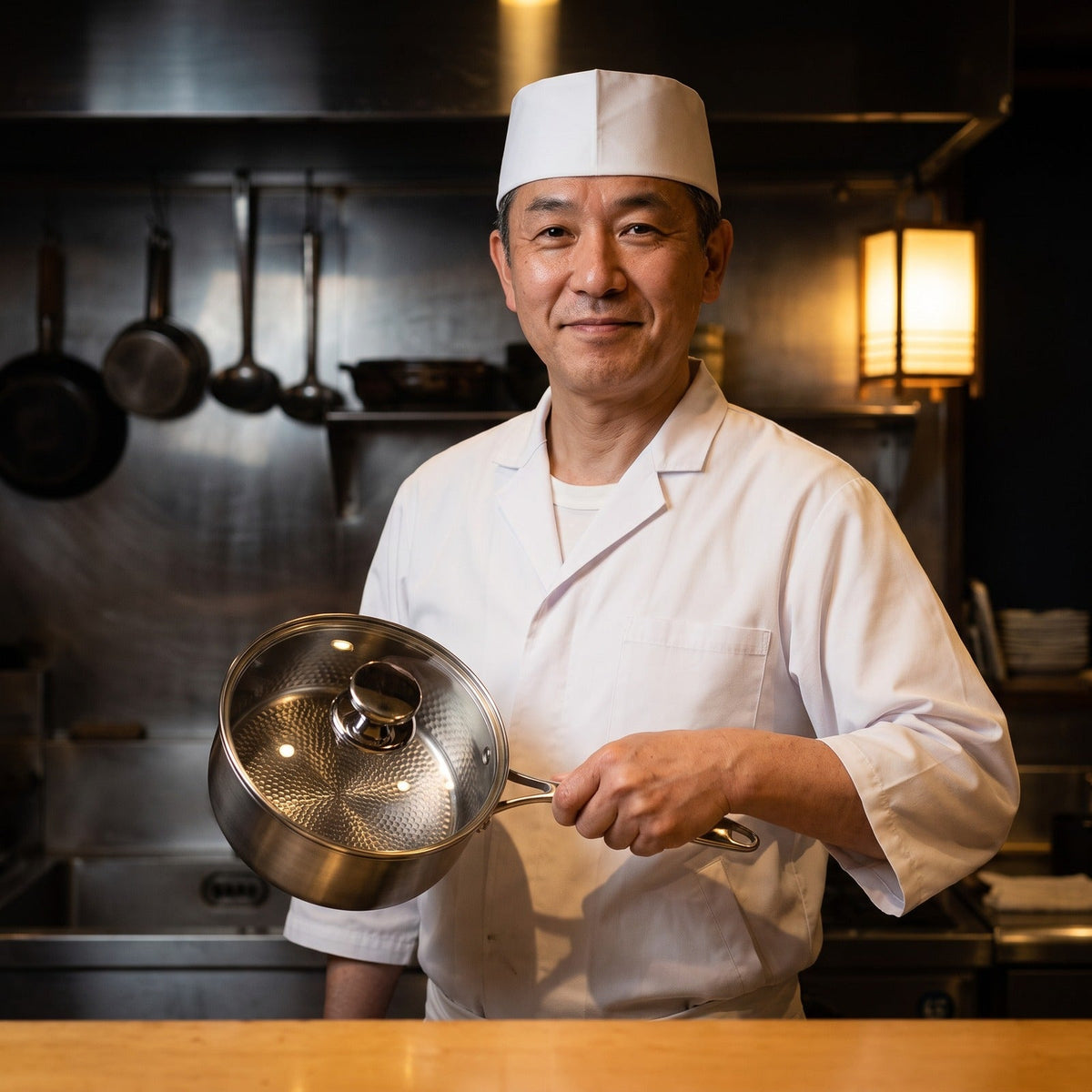 Hatori Kōmyō 光明 Series – Titanium Saucepan with Lid, held by a chef
