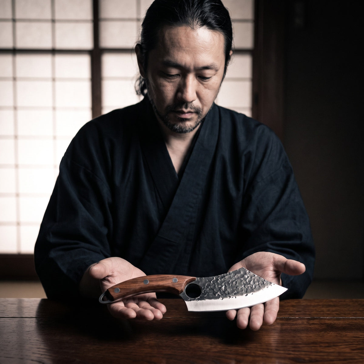 Hatori Kiba 牙 Series – Forged Ring Knife 16 cm, Rosewood, in hand