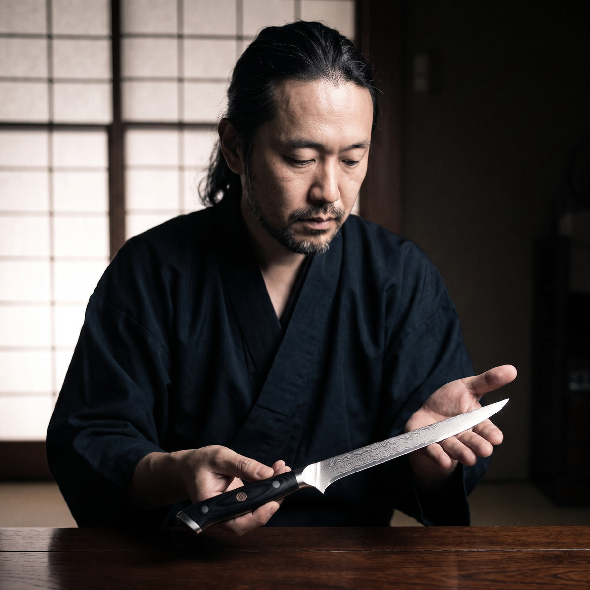 Hatori Kokuyō 黒曜 Series – Damascus Fillet Knife 20 cm, in hand