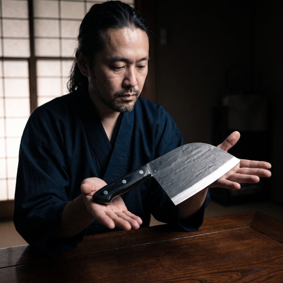 Hatori Kaji 鍛冶 Series – Black Forged Cleaver 17.5 cm, in hand