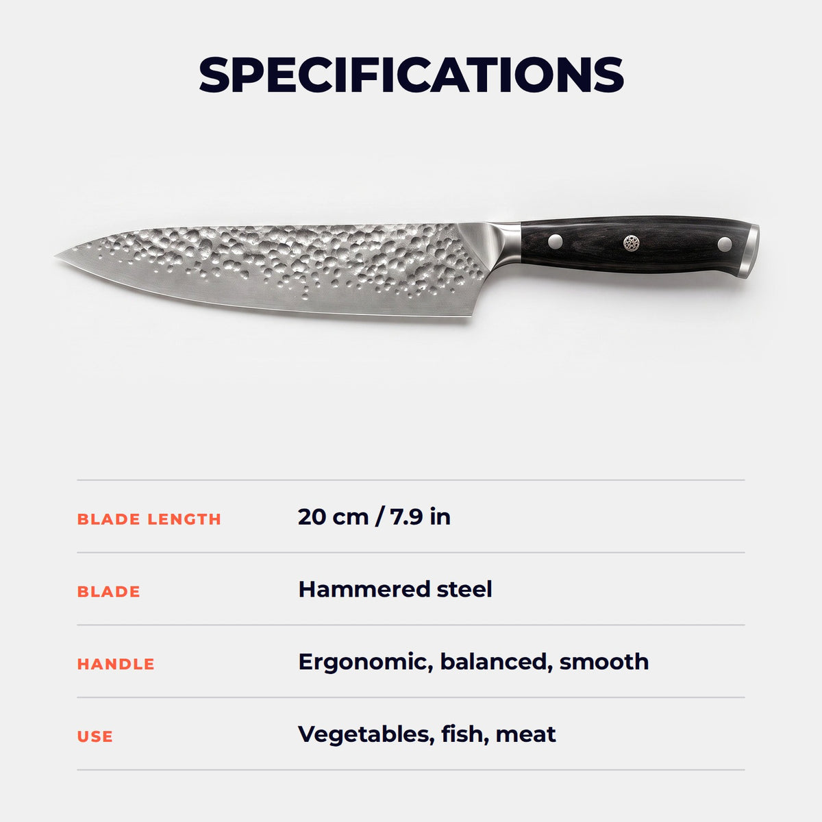 Hatori Yoru 夜 Series – Hammered Chef's Knife 20 cm, specifications