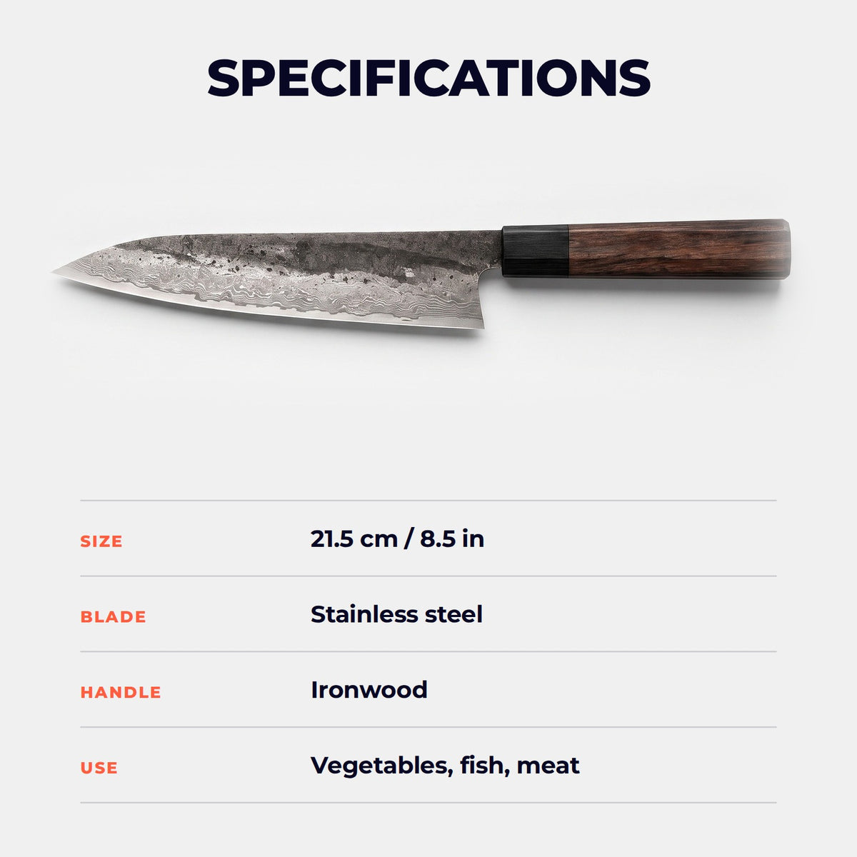 Hatori Tetsuboku 鉄木 Series – Kiritsuke 21.5 cm, specifications