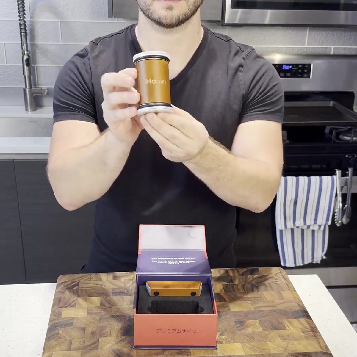 Son using the Hatori sharpener