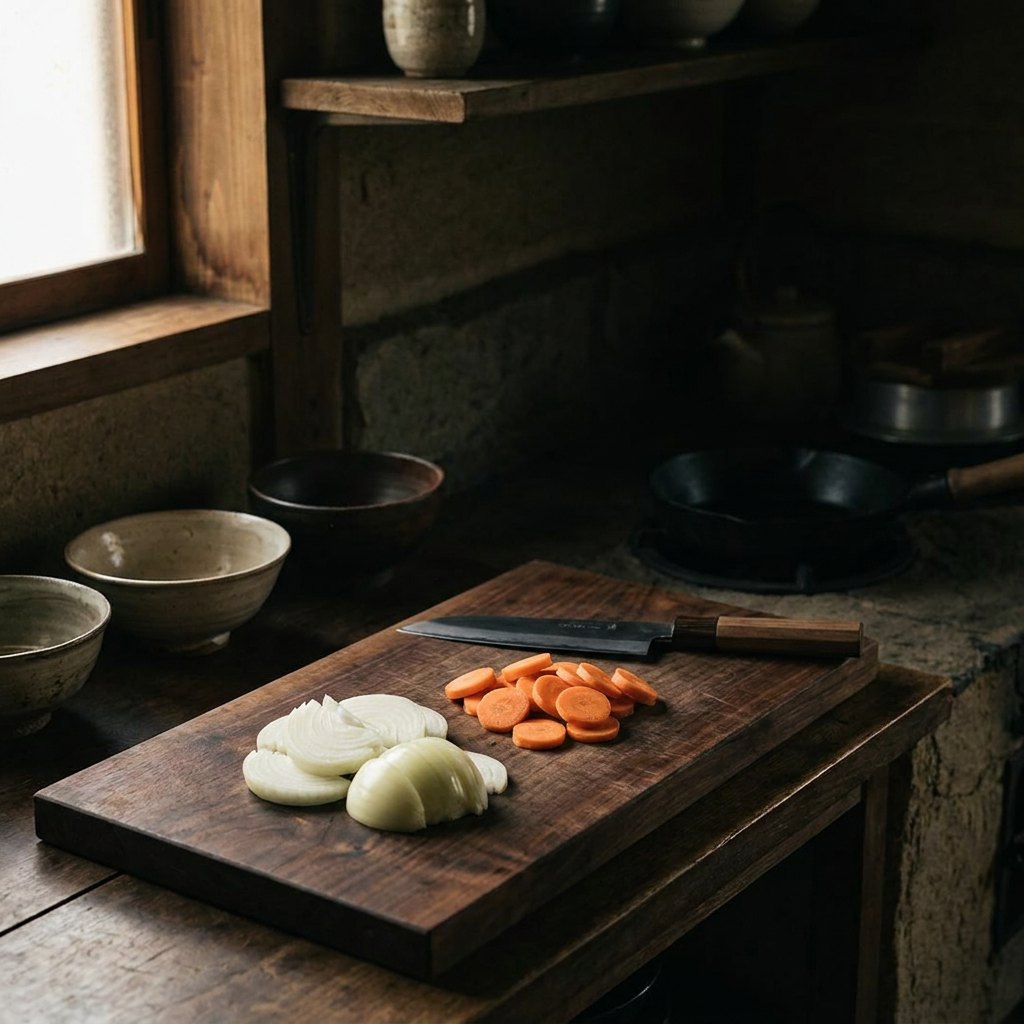 Evenly sliced onions and carrots on a dark cutting board